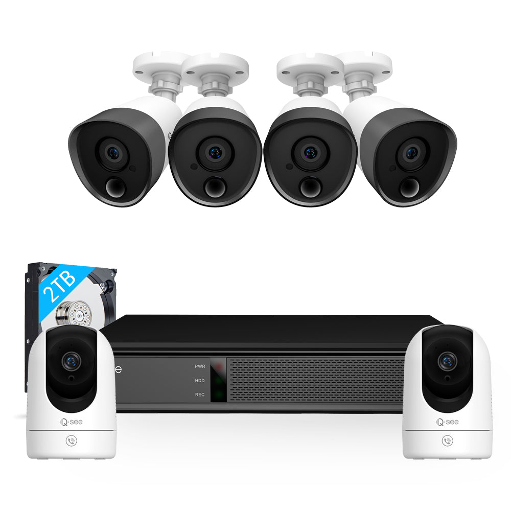 Qsee Mix 5MP 8-CH 2TB PIR DVR System with 4PCs Analog Cameras, Two 4MP PT WiFi Cameras