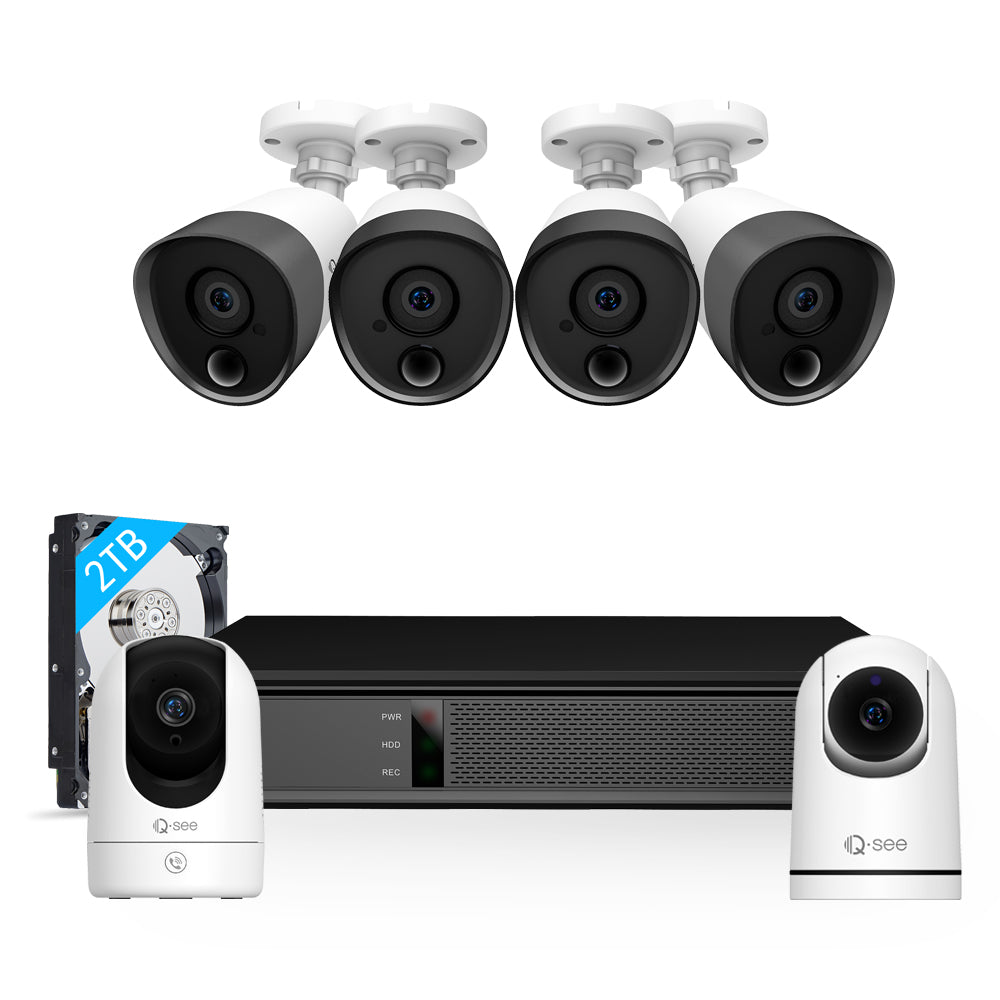 Qsee Mix 5MP 8-CH 2TB PIR DVR System with 4PCs Analog Cameras, One 1080P PT and One 4MP PT WiFi Camera